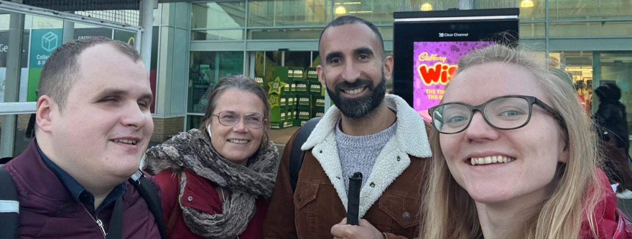 London SLC outside ASDA Wembley. From left to right, Hubert, Tech Team Intern at TPT, Vicky and Davinder, London SLC members, and Lucy Williams, Senior Manager for the South.