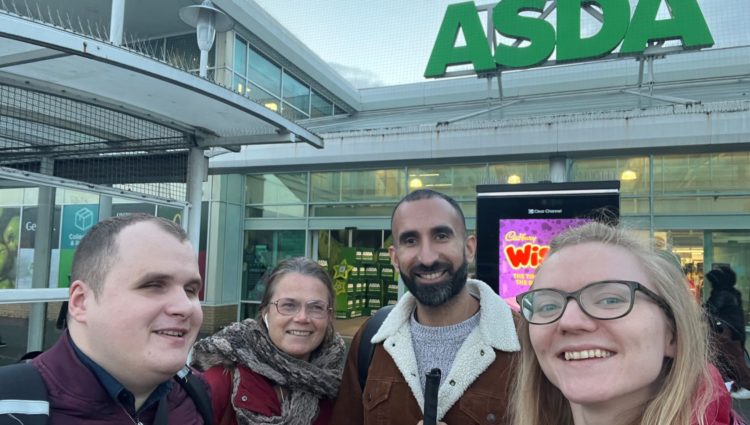 London SLC outside ASDA Wembley. From left to right, Hubert, Tech Team Intern at TPT, Vicky and Davinder, London SLC members, and Lucy Williams, Senior Manager for the South.