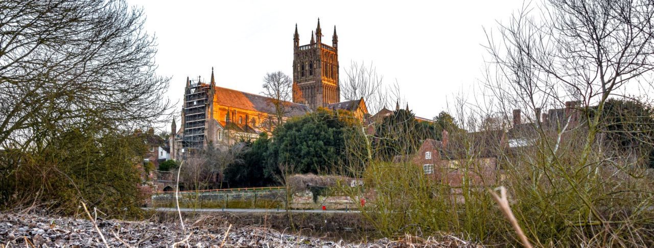 Image looks out towards Worcester Cathedral, taken from low on the ground. There are trees and houses surrounding the cathedral.