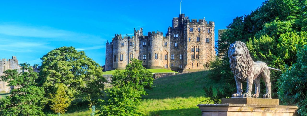 Landscape image of Alnwick Castle, Northumberland. At the forefront of the picture is a medieval stone wall, with a statue of a lion standing on it. The sky is bright blue and the image is framed by green trees.