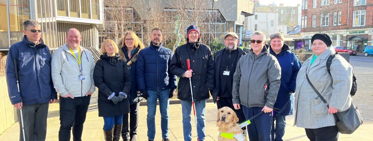 Group shot of those attending the sim spec walk. Engagement manager Dave Smith, is with SLC members Iris and Graham, and members of the Highways Transport team at Brighton and Hove City Council.