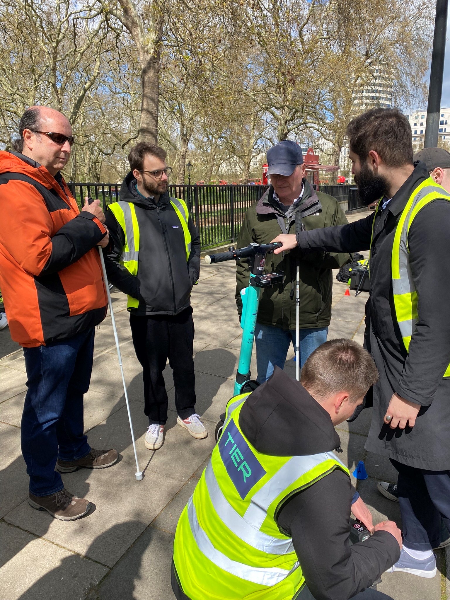 London SLC members are stood with members from UCL Pearl and Tier Mobility. They are getting ready for the on street sound testing.