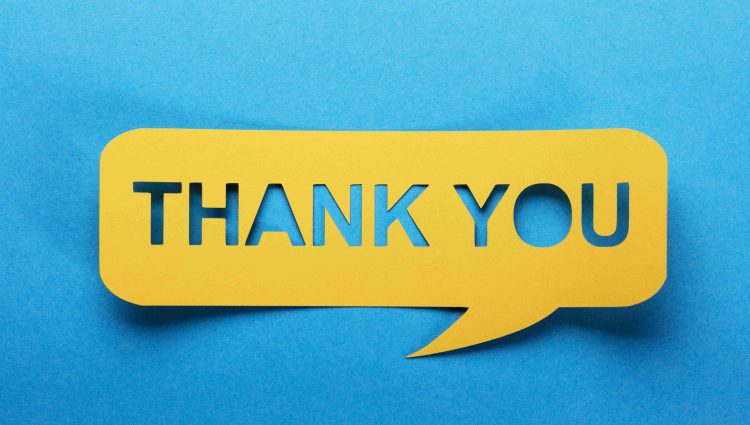 Thank you text in a yellow speech bubble, against a light blue background.