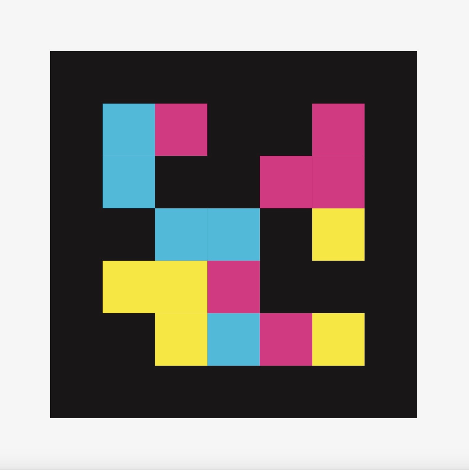 This is an image of a Navi Lens code. It is square, has a black background and various coloured boxes within it (blue, yellow and magenta).
