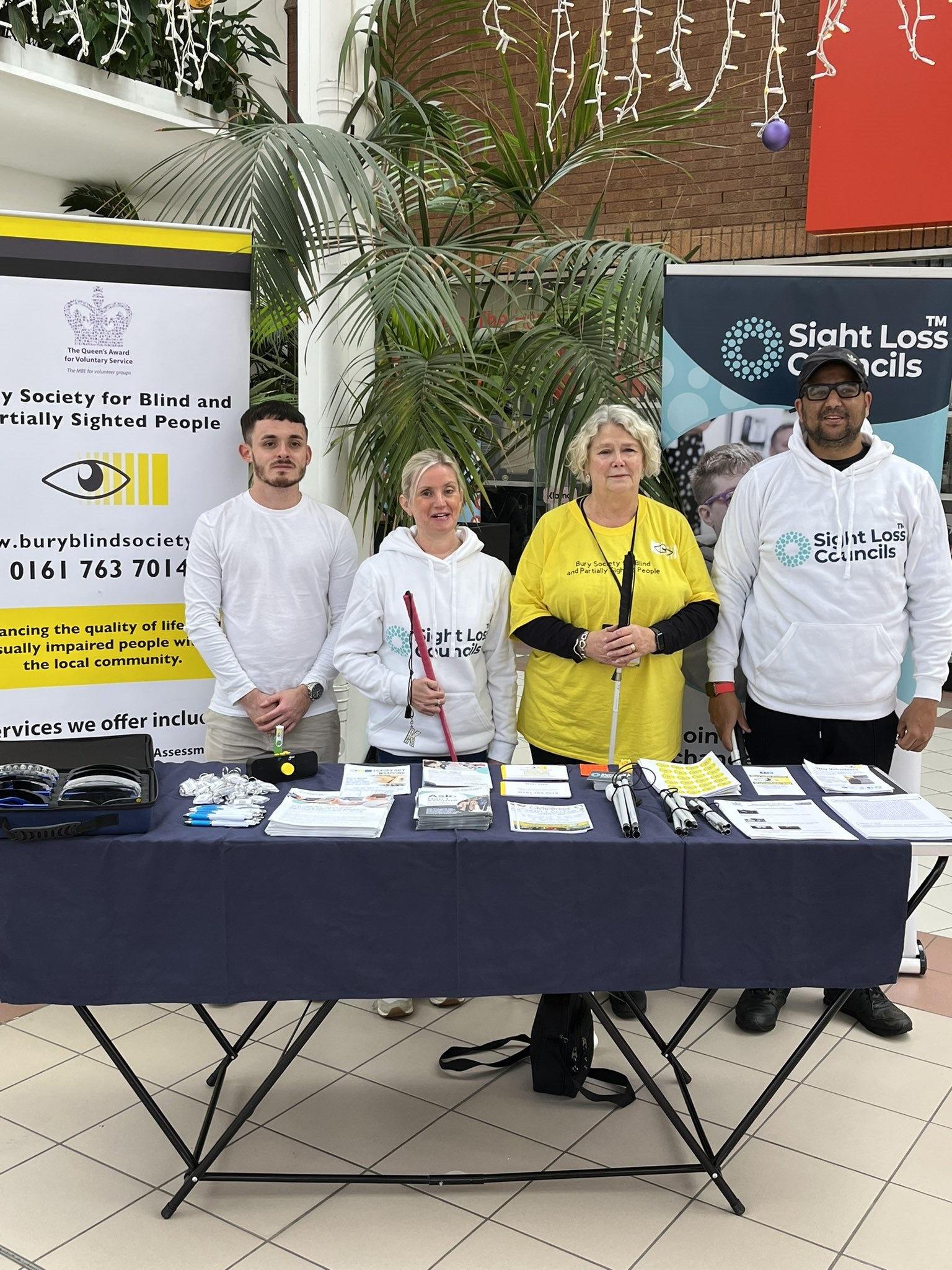 From left to right: David Parfett, SLC coordinator for North West England, Kelly Barton, Engagement Manager for North West England, Gill Currie, Bury Blind Society, and Abu, Greater Manchester SLC member.