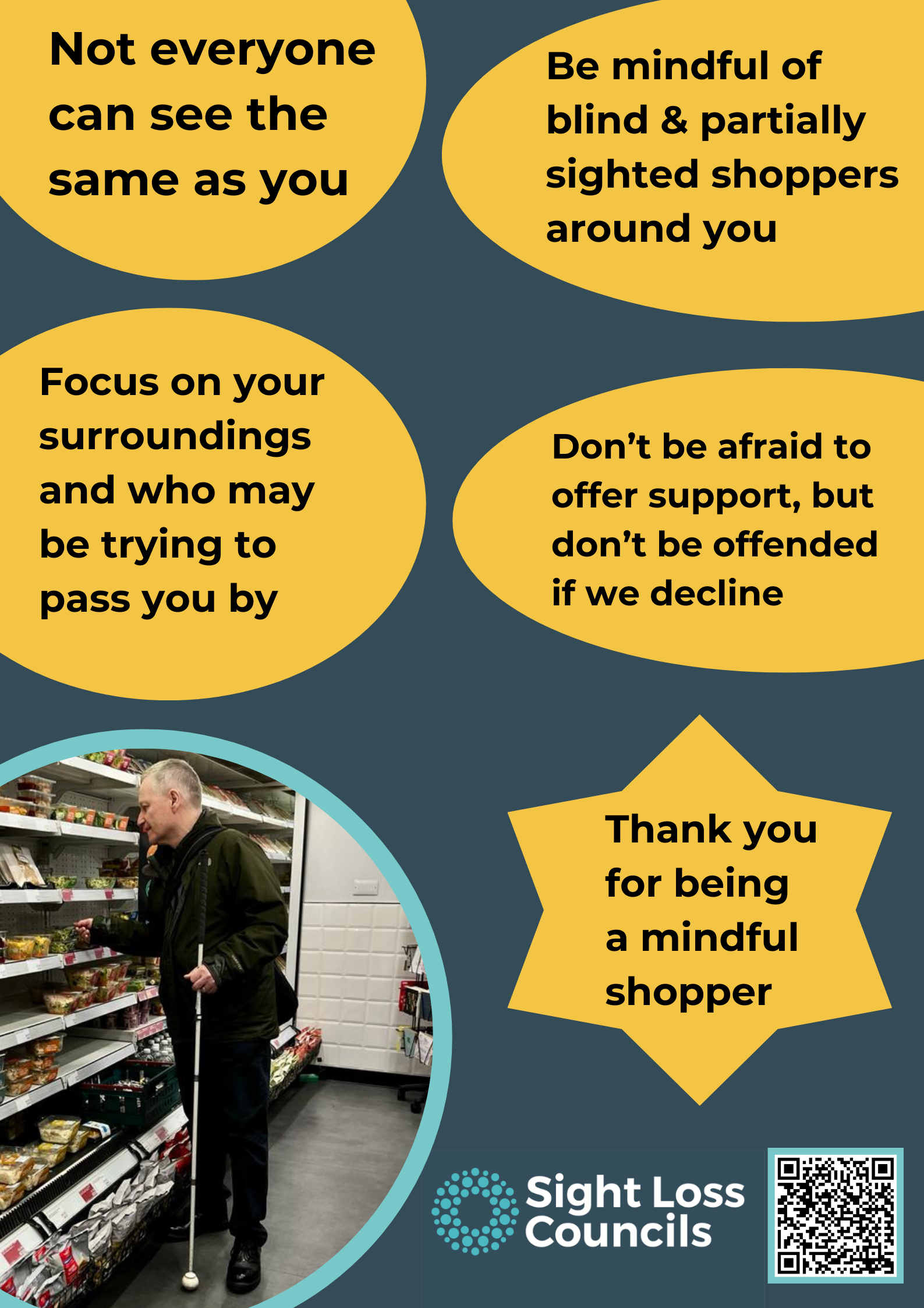 A dark blue poster with four oval text boxes, and one yellow star text box. The text reads: "Not everyone can see the same as you”, “Be mindful of blind and partially sighted shoppers around you”, “Focus on your surroundings and who may be trying to pass you by”, “Don’t be afraid to offer support, but don’t be offended if we decline”, “Thank you for being a mindful shopper" In the bottom left-hand corner is a photo of one South West London SLC member, Harry, picking a product up off a shelf. In the bottom right-hand corner is the SLC logo of light blue circular dots and a square QR code, which takes you to the ;Ask Don't Assume’ document.
