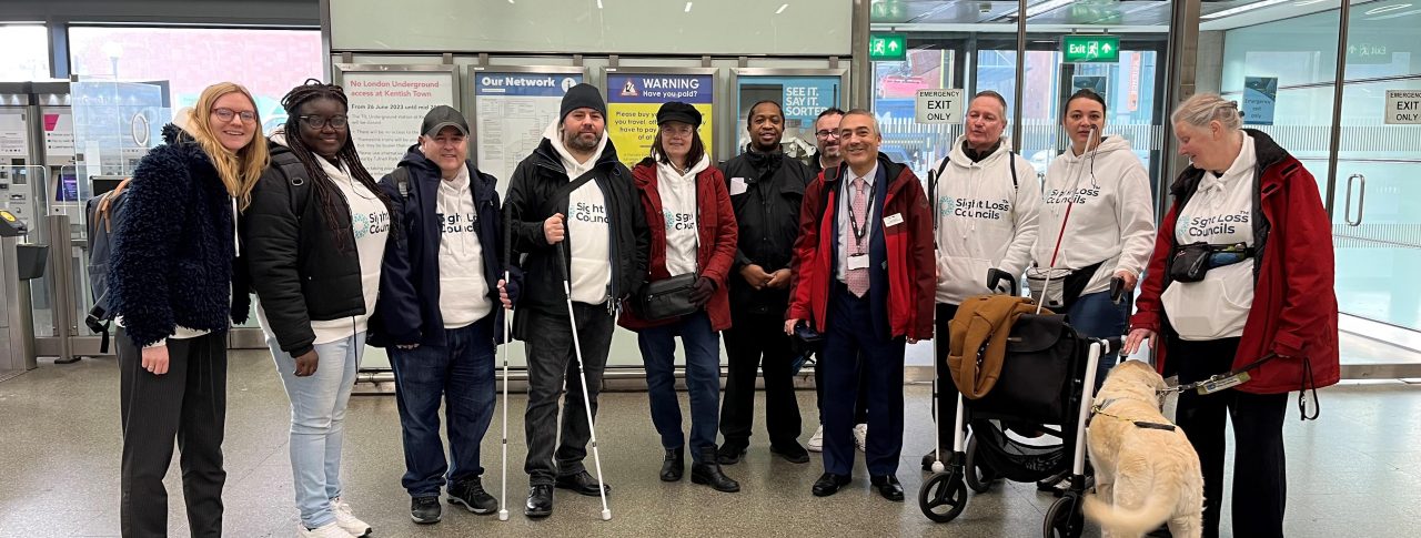 A group shot of London and South West London Sight Loss Council members, with Lucy Williams, Senior Engagement Manager for South England, and three representatives from Govia Thameslink Railway.
