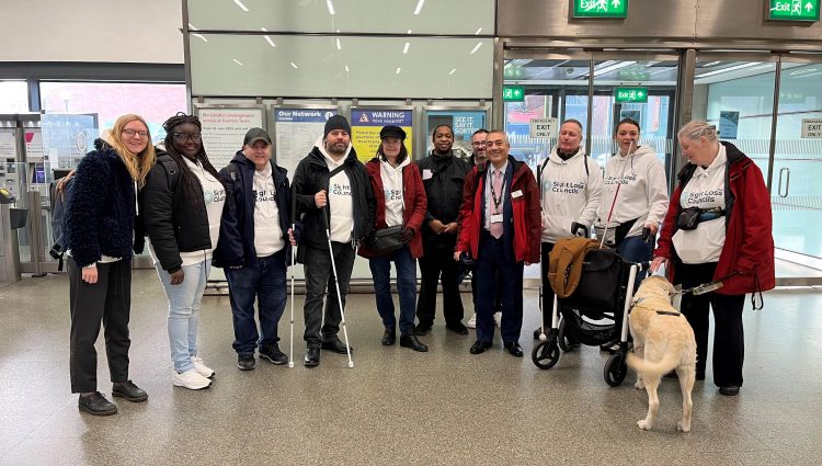 A group shot of London and South West London Sight Loss Council members, with Lucy Williams, Senior Engagement Manager for South England, and three representatives from Govia Thameslink Railway.