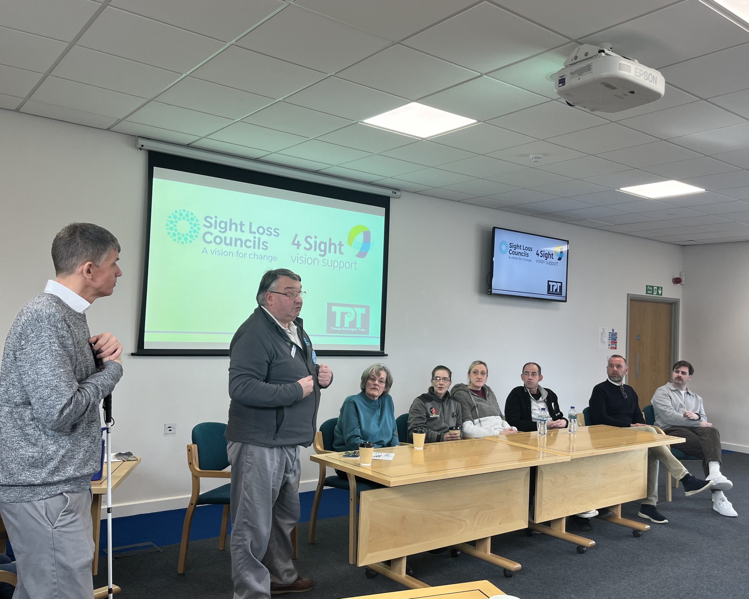 Our guest speakers, from left to right: Dave Smith, Engagement Manager for South East England, Bob Smytherman, Co-op, Bridgett Hunter, Sainsburys, Jo Easey and colleagues from Morrisons, Oran McAlistair, NaviLens, and Paul Gallagher, Procter and Gamble.