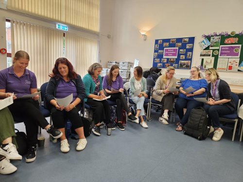 Eight women, all members staff members of Sirona Healthcare, are reading from paper handouts and talking amongst themselves. All of them are seated are are in a classroom style room.