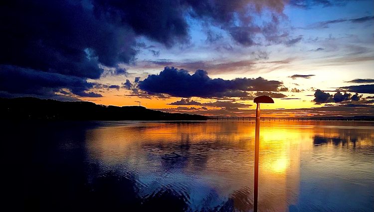 A striking painting of a sunset over a calm lake. The sky is a dramatic mix of deep blue clouds and warm orange, pink and yellow hues reflecting on the water. A single lamppost stands near the water’s edge, silhouetted against the sky.