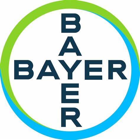 Bayer logo. Bayer is written vertically and horizontally in black capital letters, with the word 'Y' crossing over in the centre. This is encompassed by a blue and green circle.