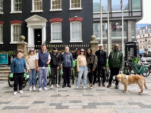 Nine people, including Lime staff members stood with London Sight Loss Council members at the end of the sim-spec walk.