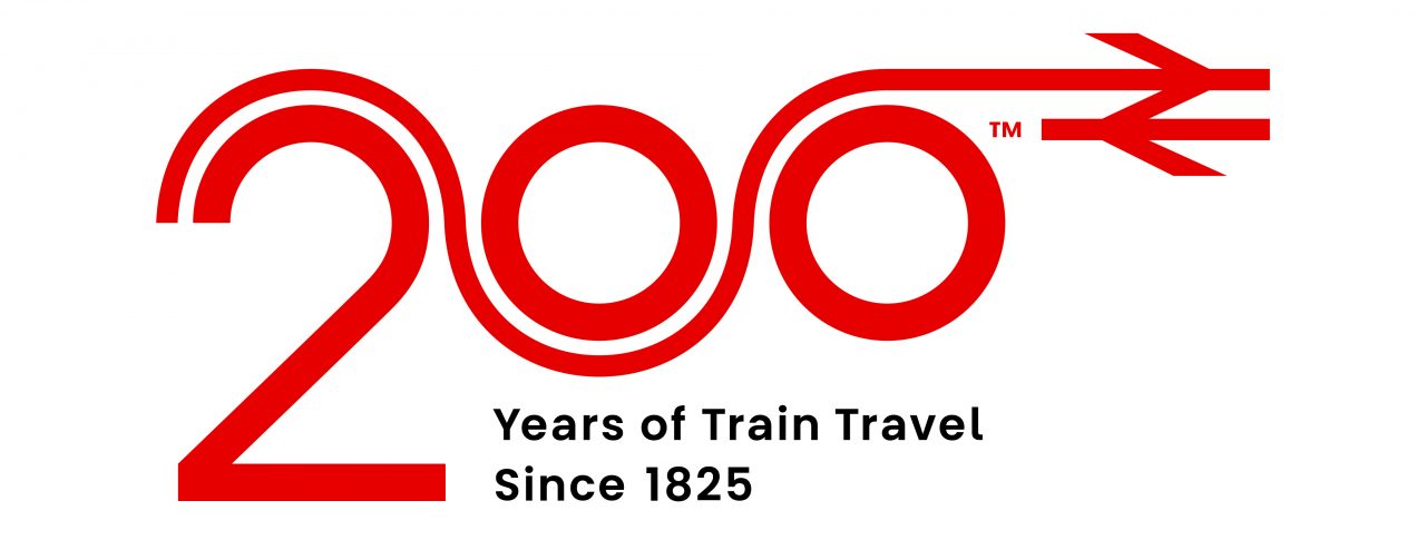 Railway 200 logo. 200 is written in red, with a red line running through into an arrow which becomes the National Rail symbol. Black text underneath says 'Years of train travel since 1825'.