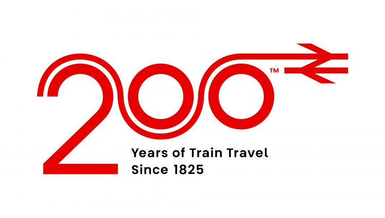 Railway 200 logo. 200 is written in red, with a red line running through into an arrow which becomes the National Rail symbol. Black text underneath says 'Years of train travel since 1825'.